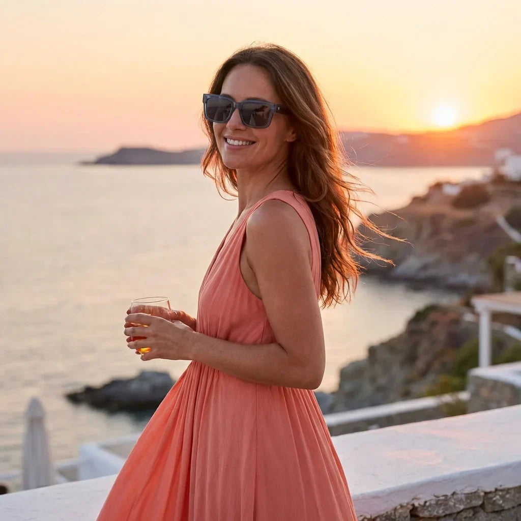 Mujer usando lentes sol Amsterdam polarizados azul playa arena proteccion solar UV400 Bonoboss #editorial_banner #color_azul