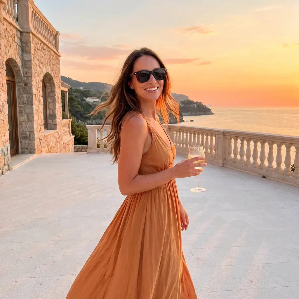 Mujer usando lentes sol Acacia Nogal polarizados smoke playa arena proteccion solar UV400 Bonoboss #editorial_banner #color_smoke