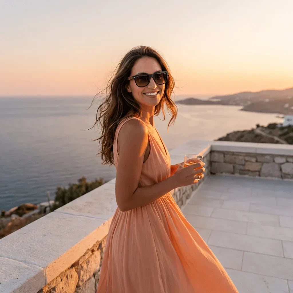 Mujer usando lentes sol Acacia Nogal polarizados gradiente cafe playa arena proteccion solar UV400 Bonoboss #editorial_banner #color_gradiente-cafe