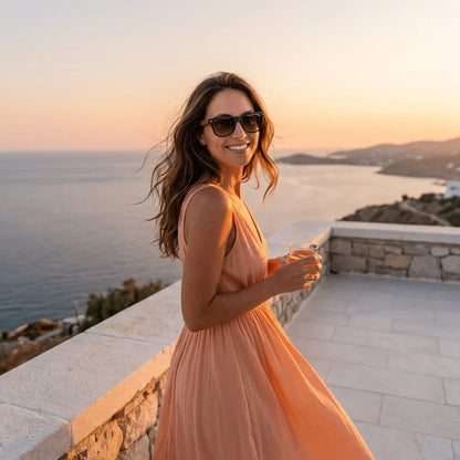 Mujer usando lentes sol Acacia Nogal polarizados gradiente cafe playa arena proteccion solar UV400 Bonoboss #editorial_banner #color_gradiente-cafe