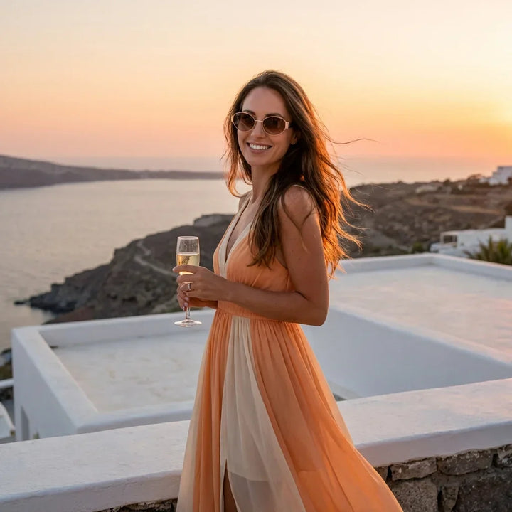 Women wearing lenses sun new lennon bio-acetate polarized brown playa arena oceano UV protection estilo verano bonoboss #editorial_sustentabilidad #color_brown