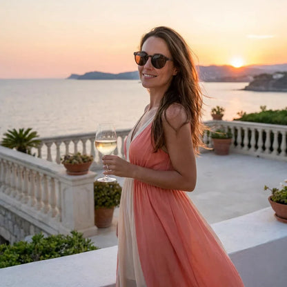 Mujer usando lentes sol Galapagos madera nogal polarizados Carey mujer en playa arena oceano UV400 Bonoboss #editorial_sustentabilidad #color_carey