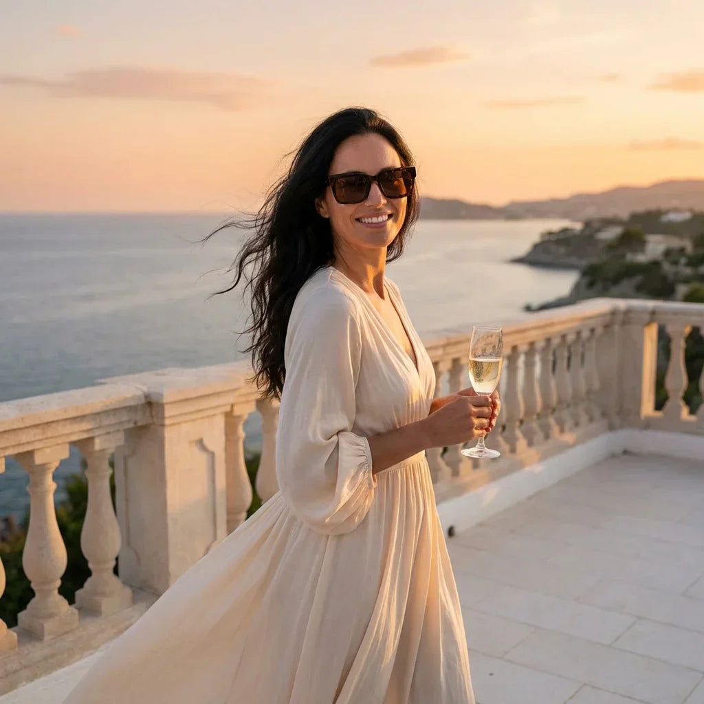 Mujer usando lentes sol Amsterdam polarizados carey playa arena proteccion solar UV400 Bonoboss #editorial_banner #color_carey