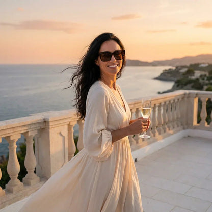 Mujer usando lentes sol Amsterdam polarizados carey playa arena proteccion solar UV400 Bonoboss #editorial_banner #color_carey