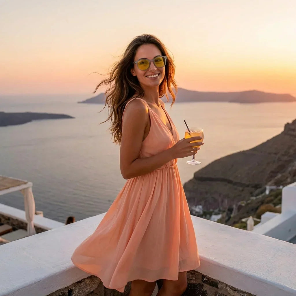 Mujer usando lentes sol Meli TSP bio-acetato TSP polarizados amarillo playa arena proteccion solar UV400 Bonoboss #editorial_banner #color_amarillo