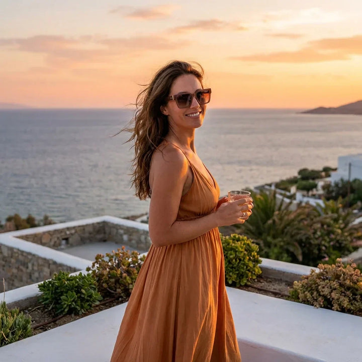 Women wearing lenses sun monteblack bio-acetate polarized brown playa arena oceano UV protection estilo coastal bonoboss #editorial_detail1 #color_brown