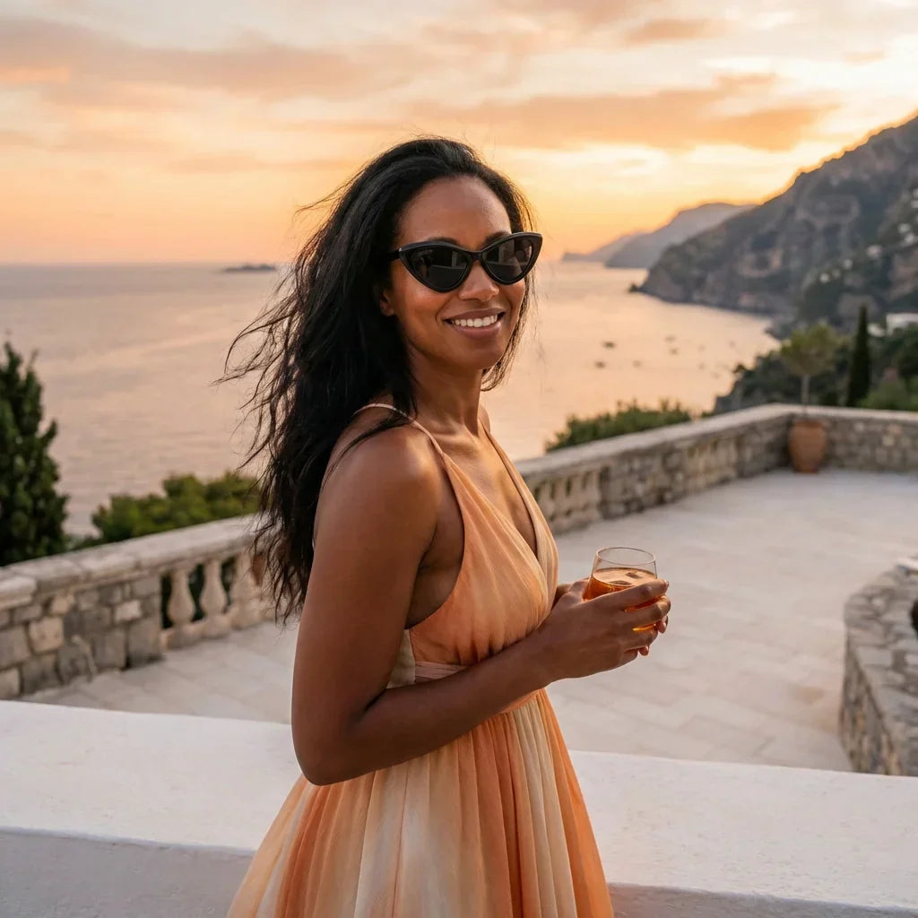 Mujer usando lentes sol Femme Black bio-acetato polarizados Negro mujer en playa arena oceano UV400 Bonoboss #editorial_sustentabilidad #color_negro