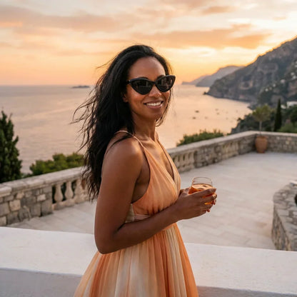 Mujer usando lentes sol Femme Black bio-acetato polarizados Negro mujer en playa arena oceano UV400 Bonoboss #editorial_sustentabilidad #color_negro