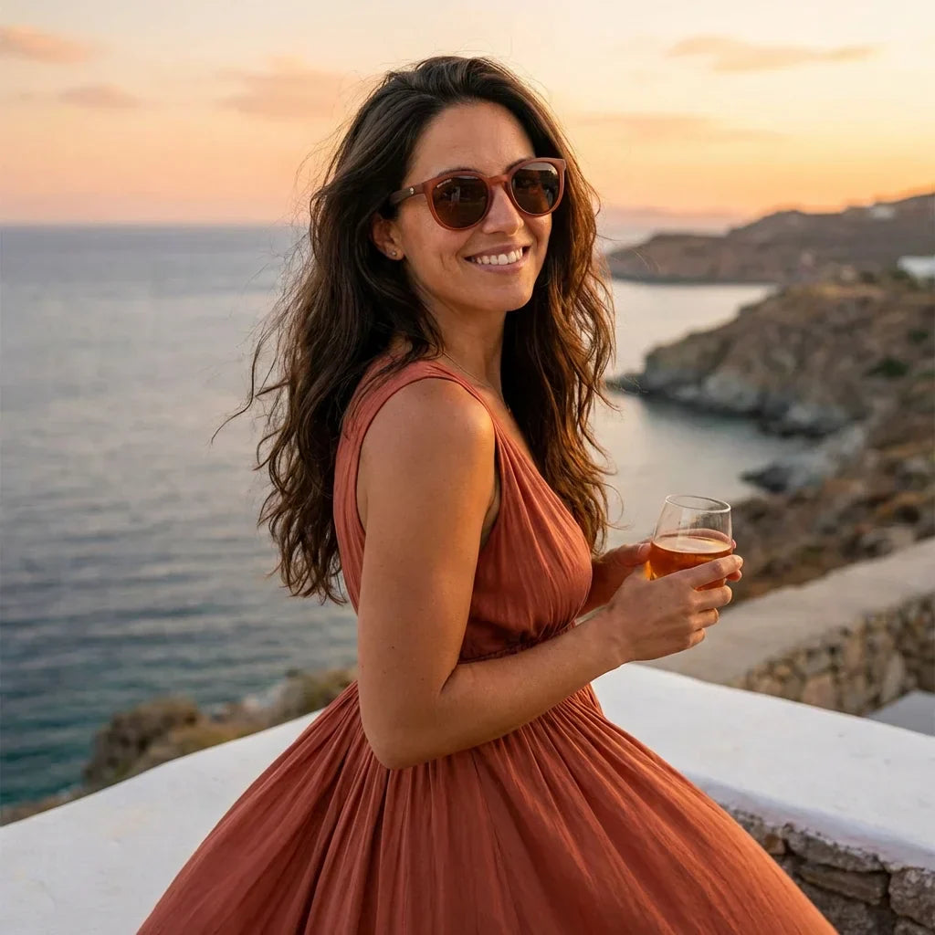 Mujer usando lentes sol Meli Wine madera wine polarizado polarizados Brown mujer en playa arena proteccion solar Bonoboss #editorial_sustentabilidad #color_brown