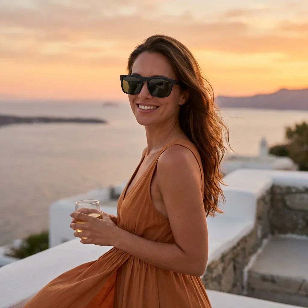 Mujer usando lentes sol Lautaro Dark acetato polarizados G15 playa arena proteccion solar UV400 Bonoboss #editorial_banner #color_g15