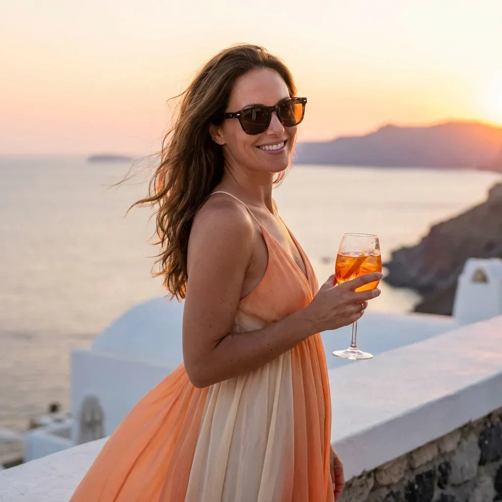 Mujer usando lentes sol Acacia XL Vintage Sol Polarizado polarizados carey playa arena proteccion solar UV400 Bonoboss #editorial_banner #color_carey