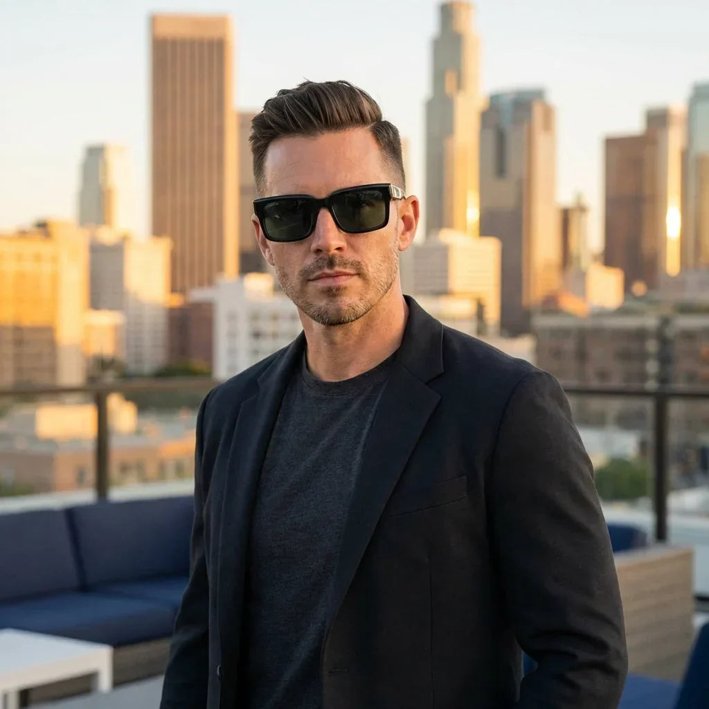 Hombre usando lentes sol Amsterdam polarizados negro estilo urbano ciudad moderna Bonoboss #editorial_detail1 #color_negro