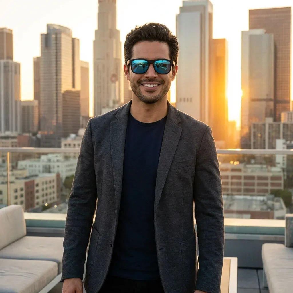 Hombre usando lentes sol Lautaro Dark acetato polarizados sky estilo urbano ciudad moderna Bonoboss #editorial_banner #color_sky