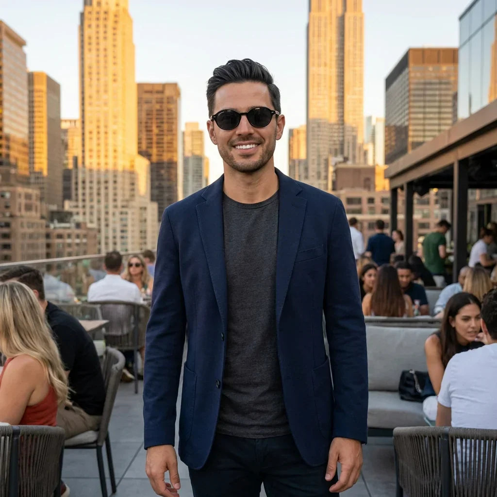 Hombre usando lentes sol Capri RPET reciclado polarizados black urbano ciudad sustentabilidad material oceano Bonoboss #editorial_sustentabilidad #color_black