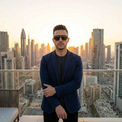 Hombre usando lentes sol Orson RPET reciclado polarizados dark look urbano ciudad estilo moderno Bonoboss #editorial_detail1 #color_black