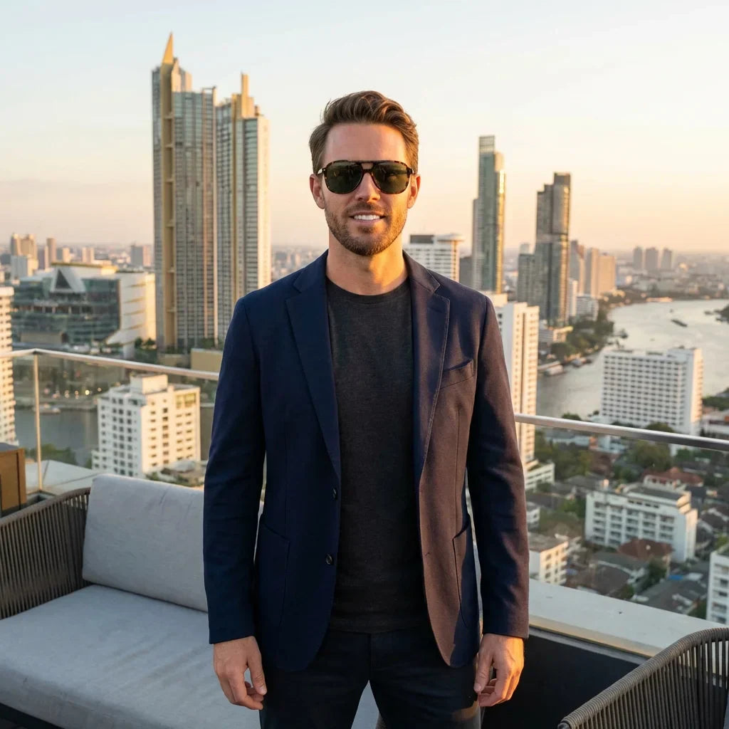 Men wearing lenses sun orson e.d bio-acetate polarized tortoise urbano ciudad moderna estilo sofisticado UV protection bonoboss #editorial_sustentabilidad #color_carey