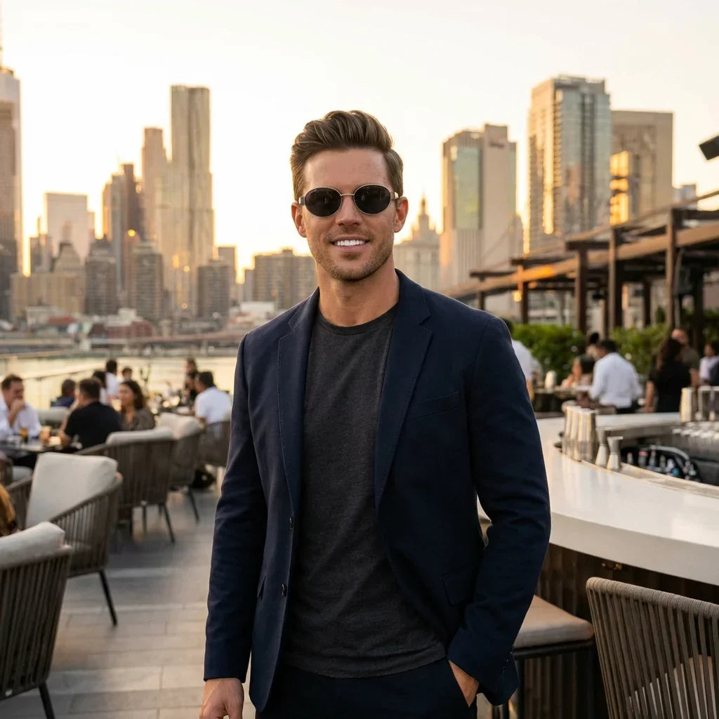 Hombre usando lentes sol New Lennon bio-acetato polarizados silver urbano ciudad estilo sofisticado proteccion UV Bonoboss #editorial_sustentabilidad #color_silver