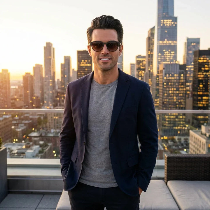 Men wearing lenses sun chiloe 110 wood polarized brown estilo urbano ciudad moderna bonoboss #editorial_sustentabilidad #color_brown