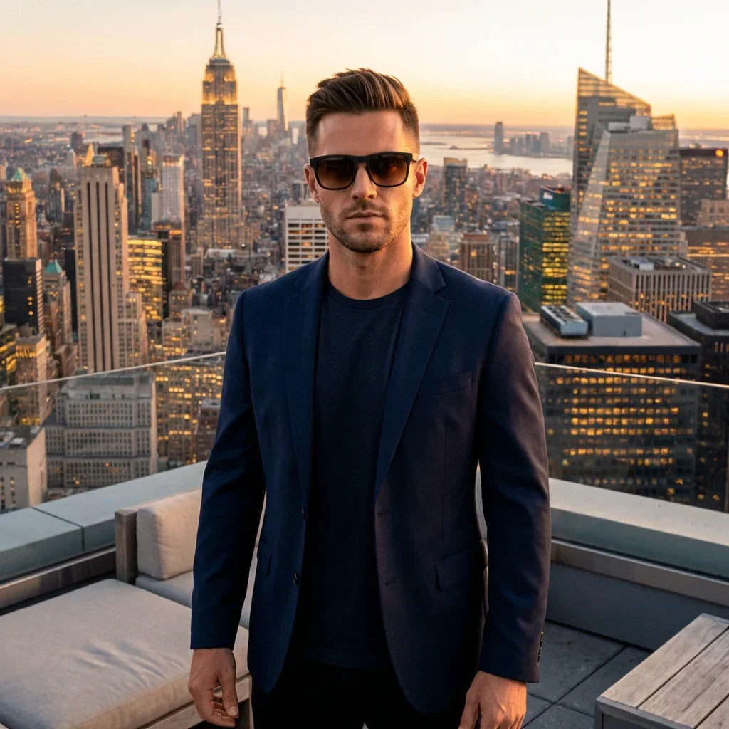 Hombre usando lentes sol Lautaro Dark acetato polarizados flash silver estilo urbano ciudad moderna Bonoboss #editorial_detail1 #color_flash-silver