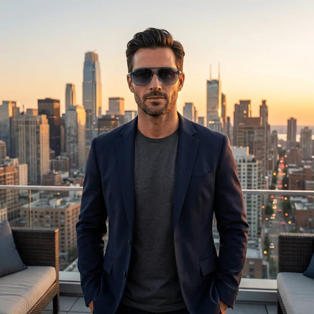 Men wearing lenses sun orson bio-acetate polarized blue aventura outdoor sendero montaña naturaleza bonoboss #editorial_sustentabilidad #color_azul