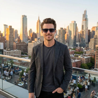 Hombre usando lentes sol Amsterdam polarizados azul estilo urbano ciudad moderna Bonoboss #editorial_sustentabilidad #color_azul