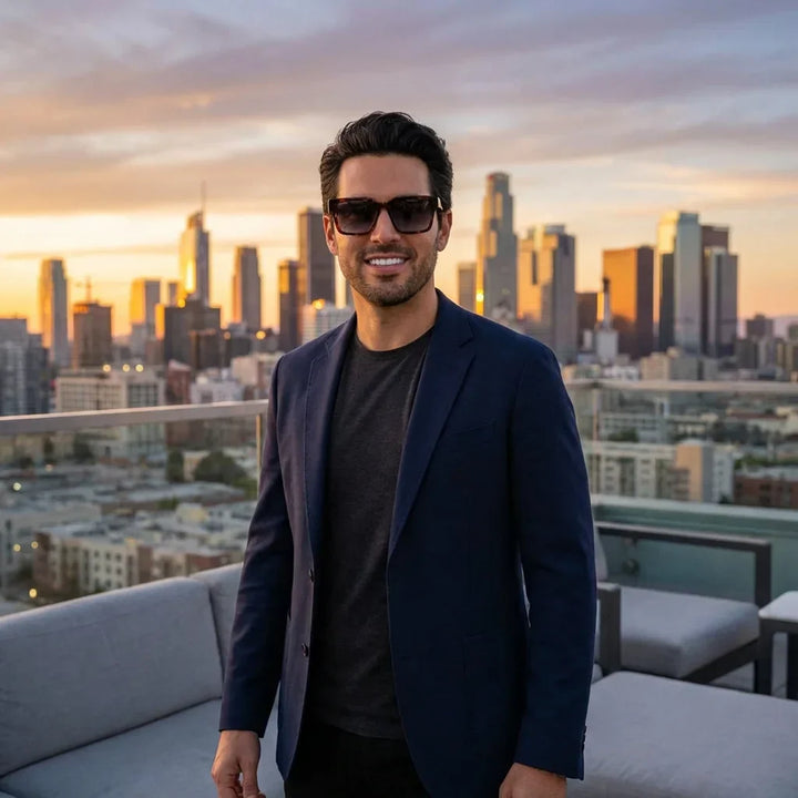 Men wearing lenses sun monteblack bio-acetate polarized tortoise urbano ciudad moderna estilo sofisticado UV protection bonoboss #editorial_sustentabilidad #color_carey