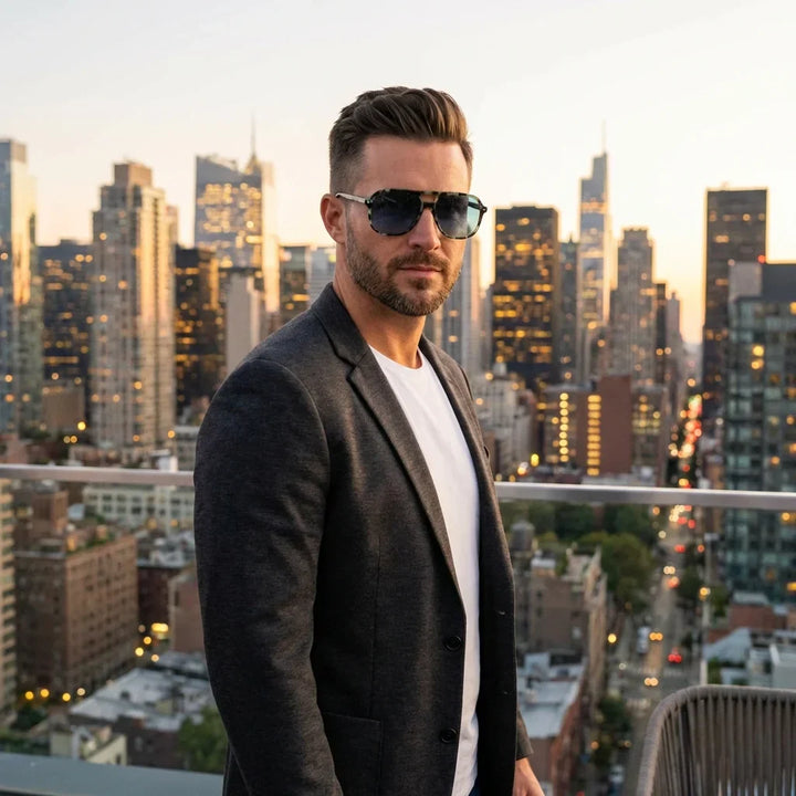 Men wearing lenses sun orson e.d bio-acetate polarized green urbano ciudad moderna estilo sofisticado UV protection bonoboss #editorial_banner #color_verde