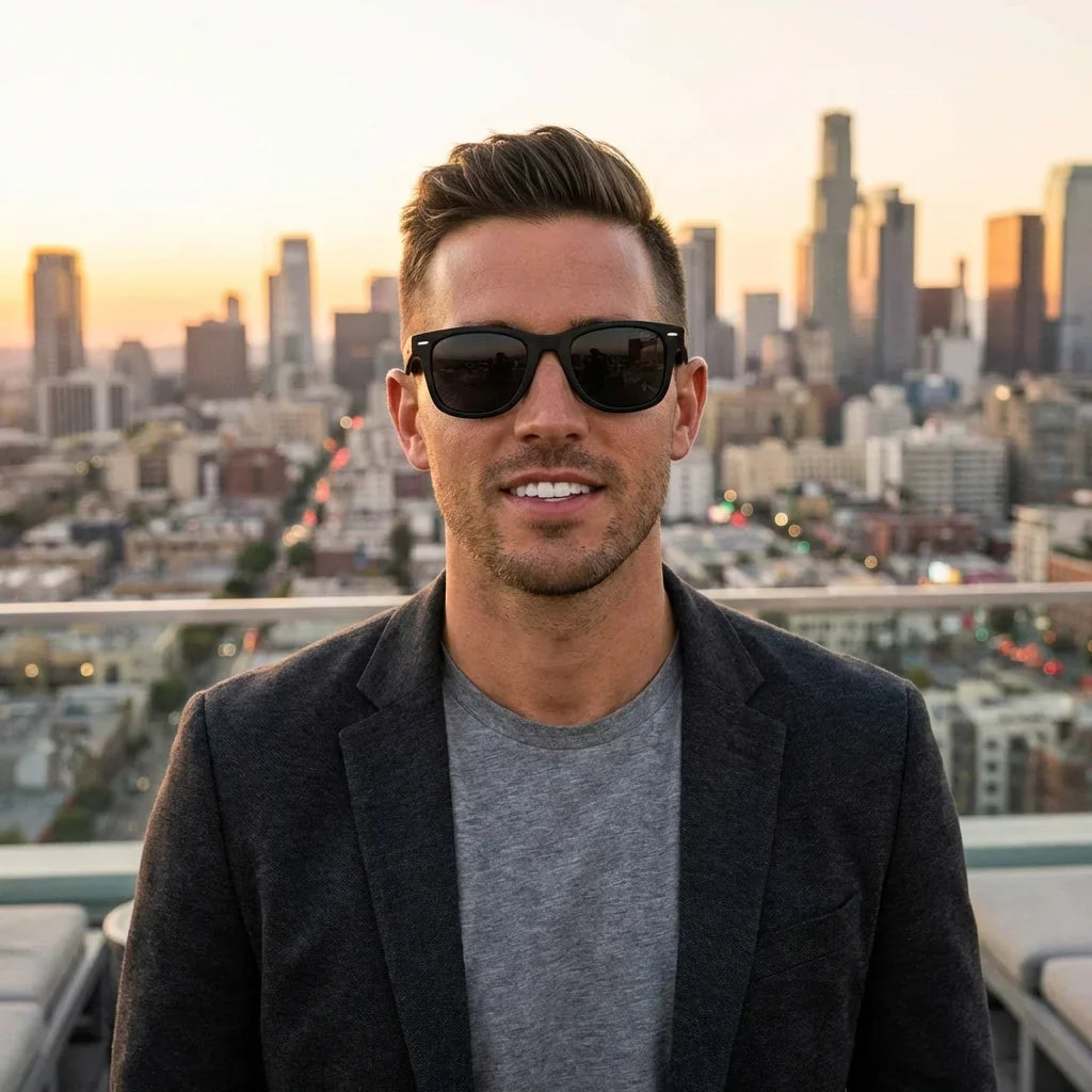 Hombre usando lentes sol Acacio rPET RPET reciclado polarizados negro estilo urbano ciudad moderna Bonoboss #editorial_detail1 #color_negro