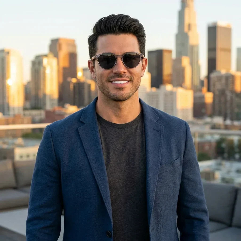 Hombre usando lentes sol Chiloe 220 Black polarizados transparente estilo urbano ciudad moderna Bonoboss #editorial_detail1 #color_transparente