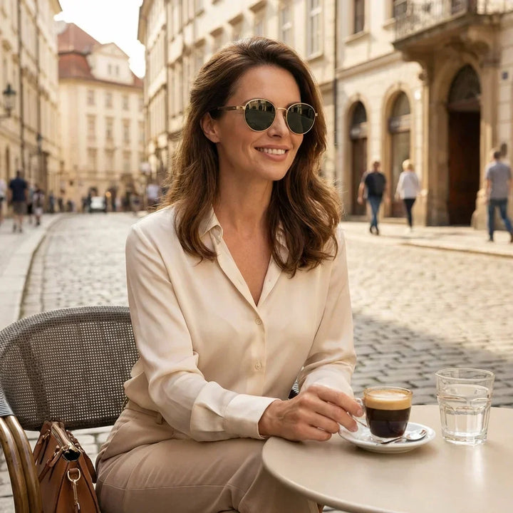 Mujer con lentes de sol polarizados Harry Gold, en la ciudad, armazón de acero inoxidable y madera #editorial_sustentabilidad #color_g15