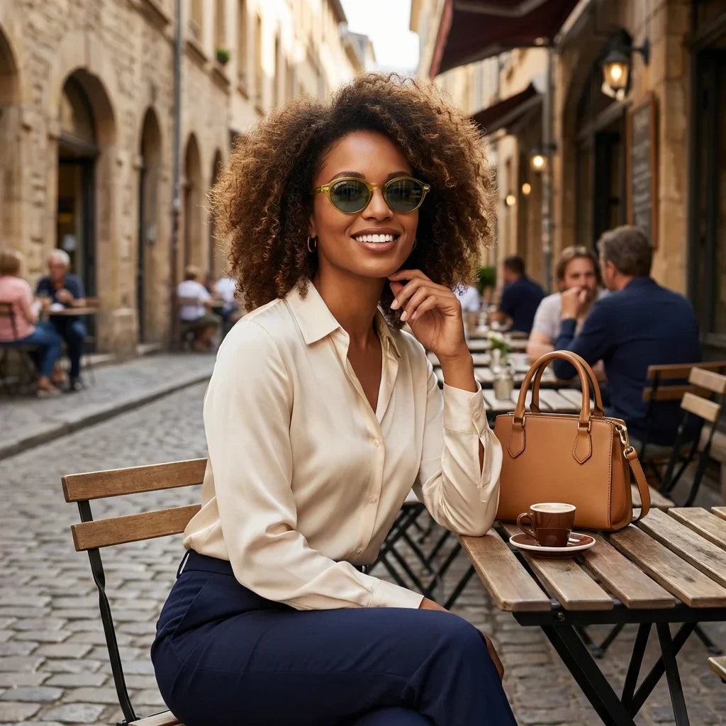 Mujer usando lentes sol Capri RPET reciclado polarizados olive light urbano ciudad moderna estilo eco-friendly Bonoboss  #editorial_detail1 #color_olive-light