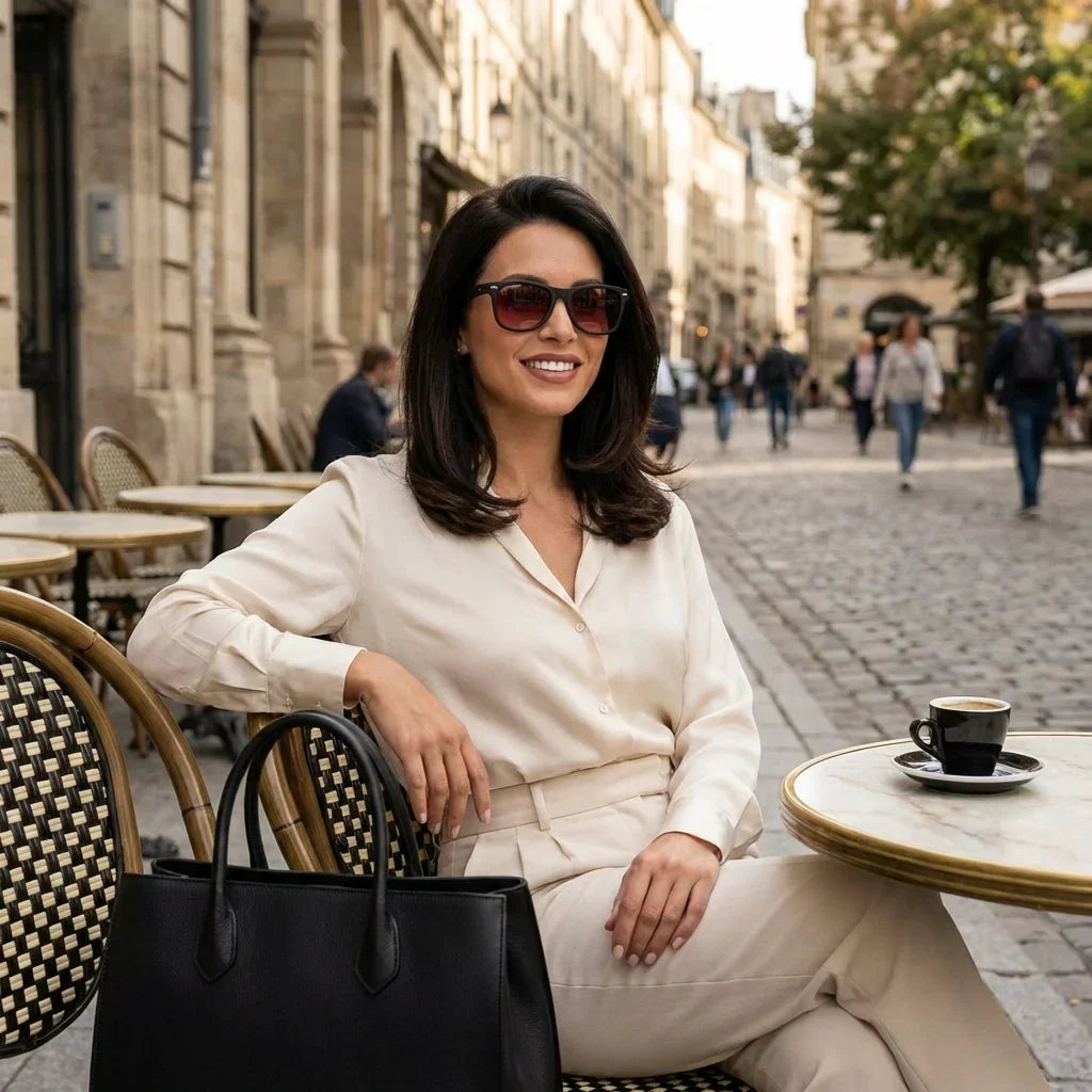 Mujer usando lentes sol Acacio rPET RPET reciclado polarizados rojo estilo urbano ciudad moderna Bonoboss #editorial_detail1 #color_rojo
