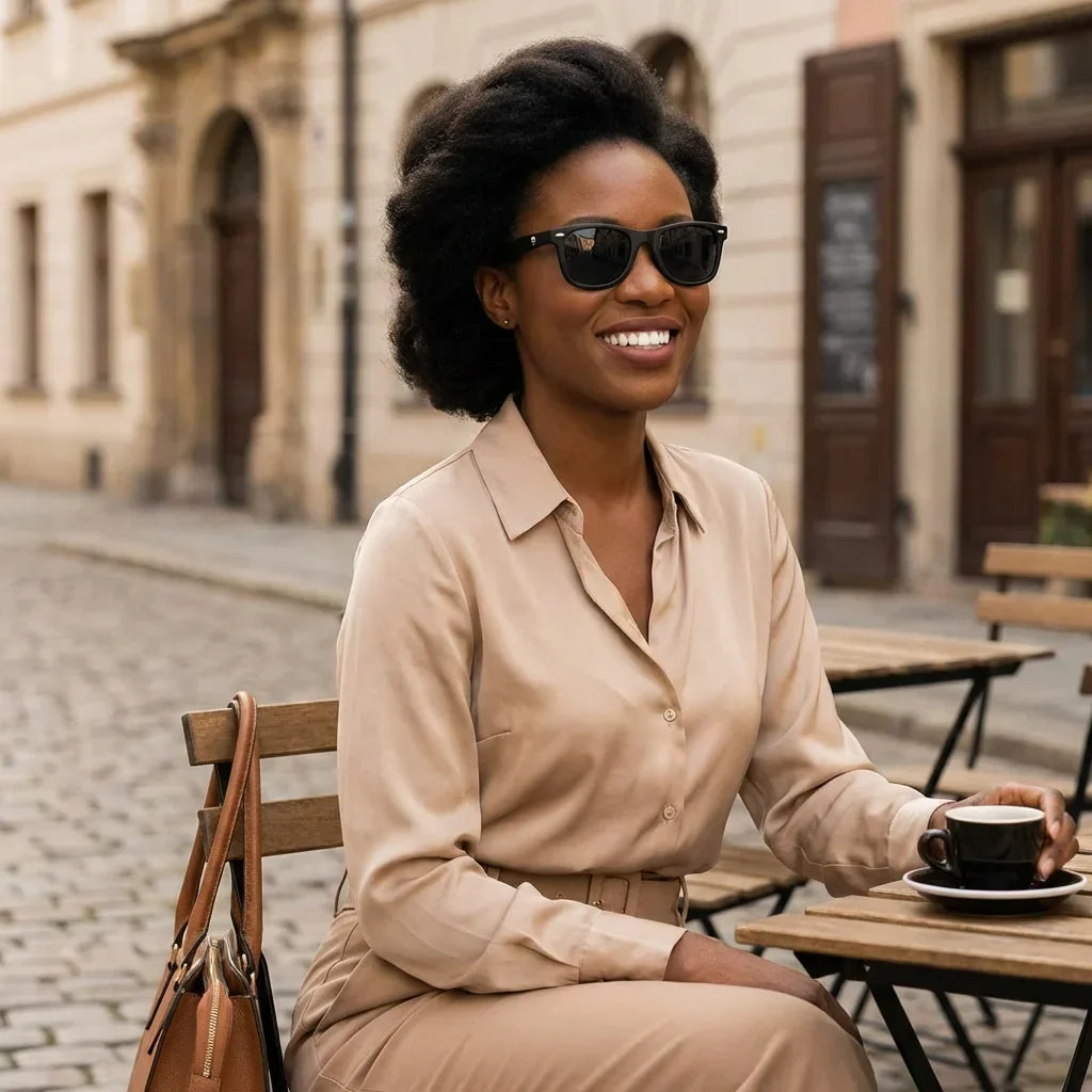 Mujer usando lentes sol Acacio rPET RPET reciclado polarizados negro estilo urbano ciudad moderna Bonoboss #editorial_sustentabilidad #color_negro