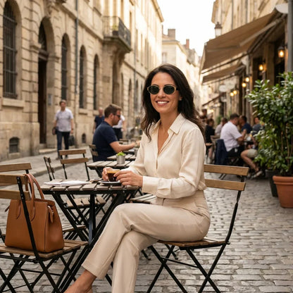 Mujer usando lentes sol New Lennon bio-acetato polarizados g15 urbano ciudad moderna estilo sofisticado Bonoboss #editorial_detail1 #color_g15