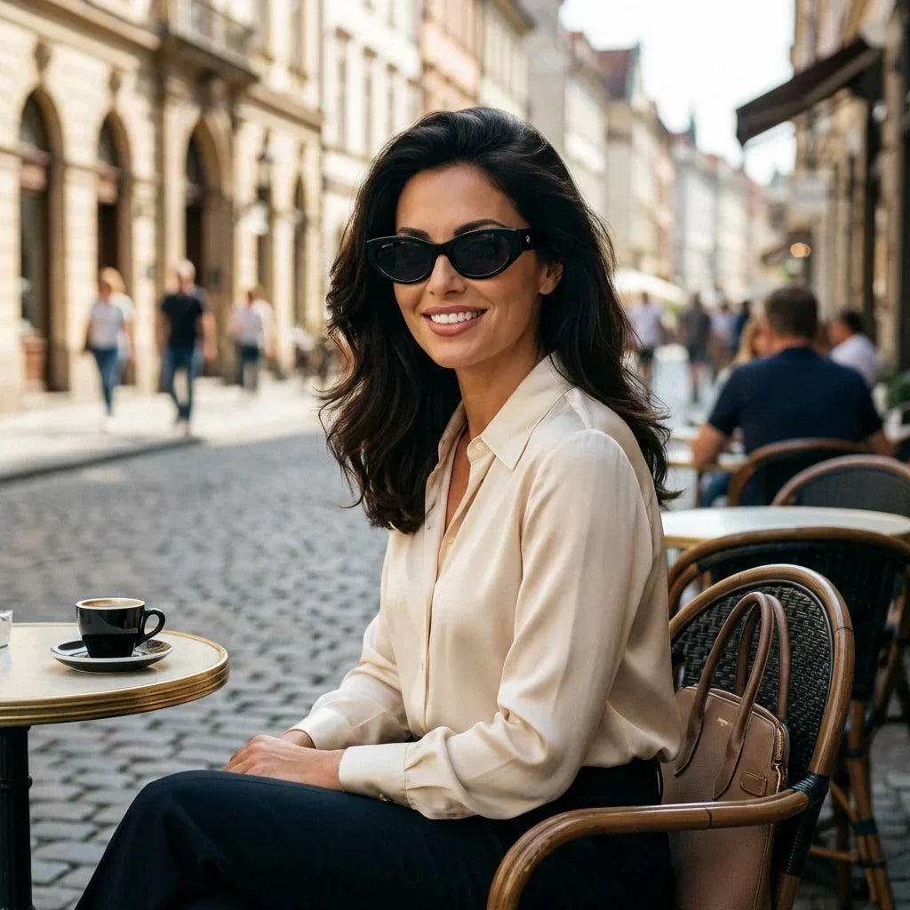 Women wearing lenses sun milan bio-acetate polarized black urbano ciudad moderna estilo sofisticado bonoboss #editorial_sustentabilidad #color_negro