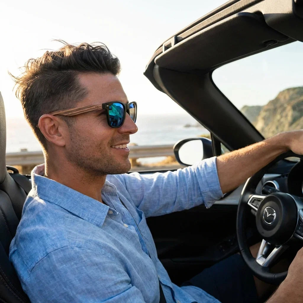 Hombre usando lentes sol Acacia madera zebrano polarizados Negro Espejado Azul hombre conduciendo reduce fatiga ocular Bonoboss #editorial_detail1 #color_negro-espejado-azul