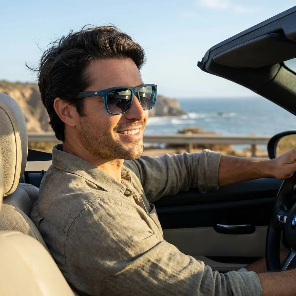 Hombre usando lentes sol Rapanui RPET reciclado polarizados light ocean conduciendo reduce fatiga UV400 Bonoboss #editorial_detail1 #color_light-ocean