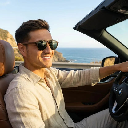 Hombre usando lentes sol Galapagos acetato madera polarizados carey conduciendo proteccion solar UV400 Bonoboss #editorial_detail1 #color_carey