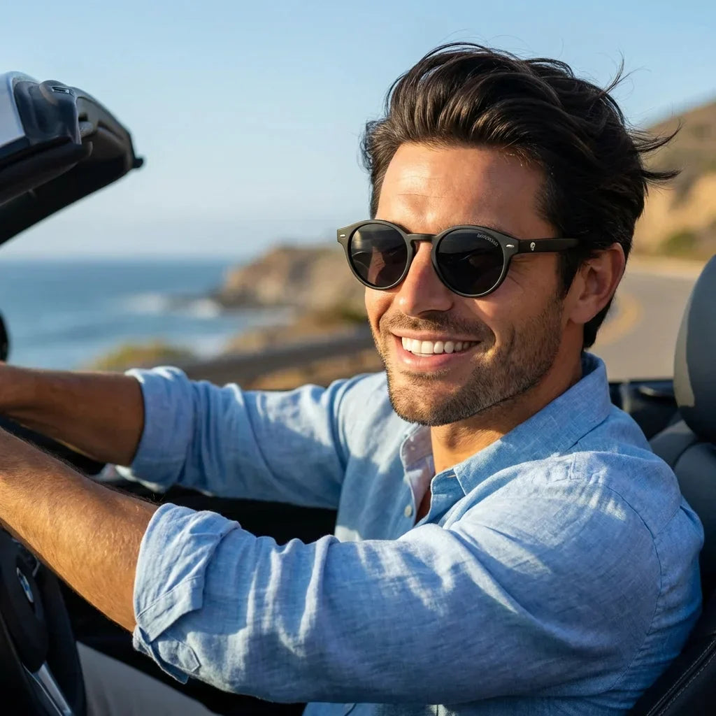 Hombre usando lentes sol Joplin RPET RPET reciclado del oceano polarizados negro conduciendo proteccion solar UV400 carretera Bonoboss #editorial_banner #color_negro