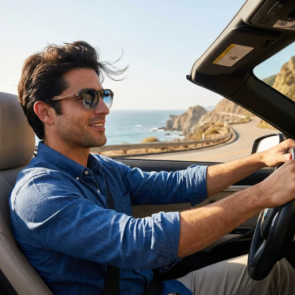Hombre usando lentes sol Galapagos acetato madera polarizados gradiente black conduciendo proteccion solar UV400 Bonoboss #editorial_detail1 #color_gradiente-black