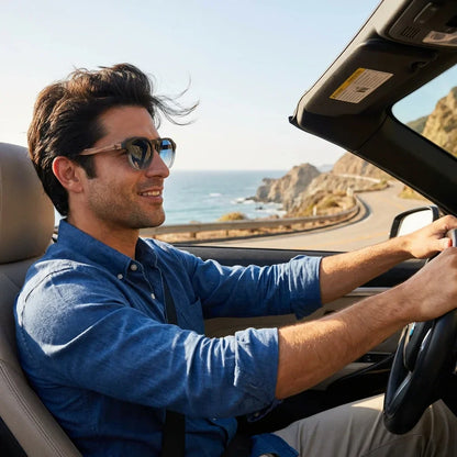 Hombre usando lentes sol Galapagos acetato madera polarizados gradiente black conduciendo proteccion solar UV400 Bonoboss #editorial_detail1 #color_gradiente-black