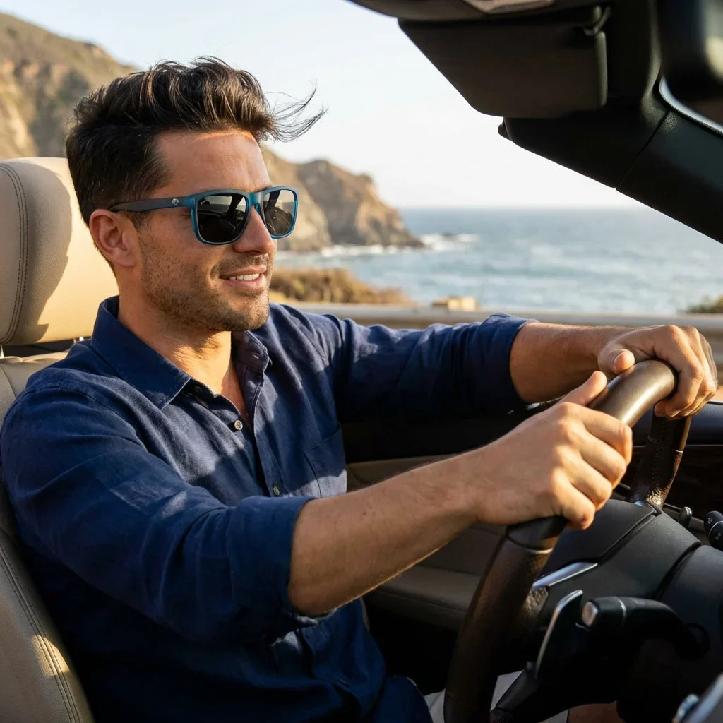 Hombre usando lentes sol Rapanui RPET reciclado polarizados ocean conduciendo mejora contraste conduccion Bonoboss #editorial_detail1 #color_ocean