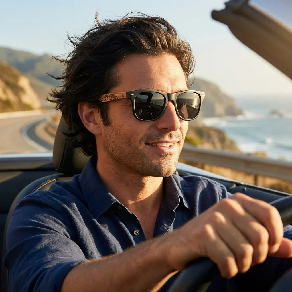 Hombre usando lentes sol Acacia Designers polarizados surf conduciendo proteccion solar UV400 Bonoboss #editorial_detail1 #color_surf