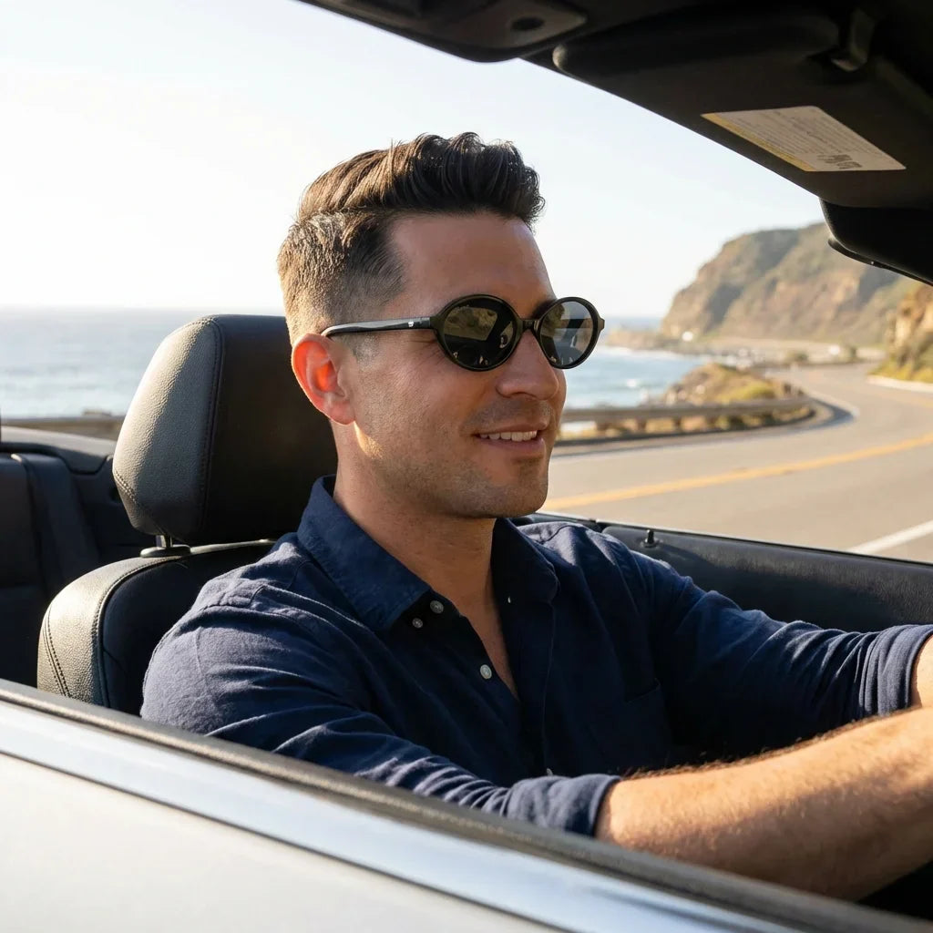 Hombre usando lentes sol Guapi Island bio-acetato polarizados negro conduciendo reduce fatiga ocular carretera Bonoboss #editorial_detail1 #color_negro