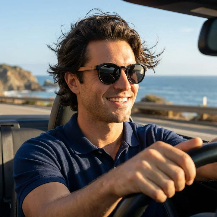 Men wearing lenses sun paine bio-acetate polarized black driving reduces eye fatigue UV400 bonoboss #editorial_detail1 #color_negro