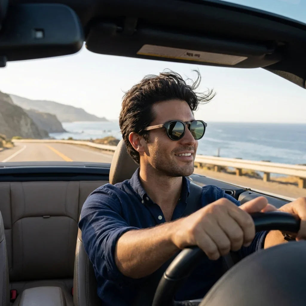 Hombre usando lentes sol Galapagos acetato madera polarizados negro G15 conduciendo proteccion solar UV400 Bonoboss #editorial_detail1 #color_negro-g15