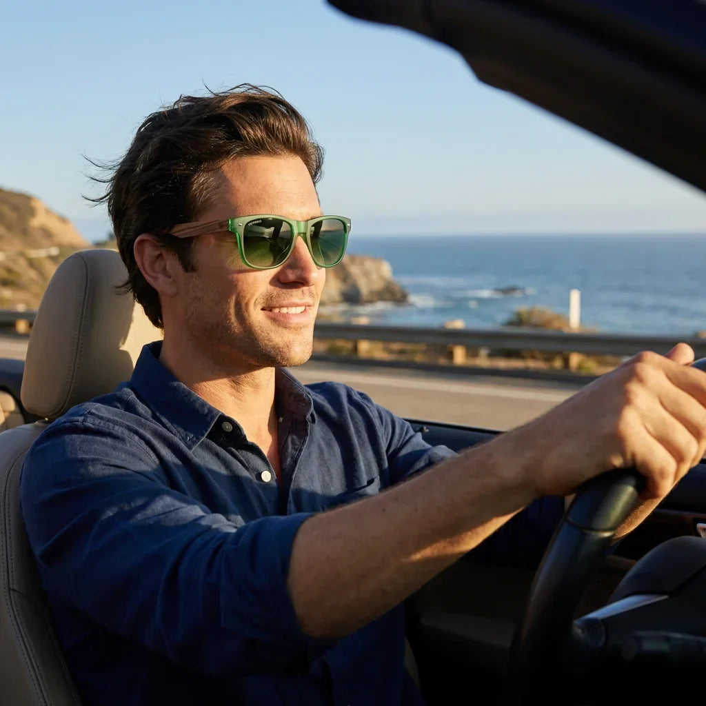 Hombre usando lentes sol Acacia madera zebrano polarizados Forest Gradiente Olive hombre conduciendo reduce fatiga ocular Bonoboss #editorial_detail1 #color_forest-gradiente-olive