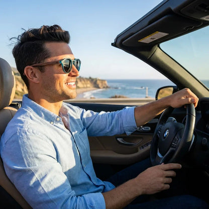 Hombre usando lentes sol Galapagos acetato madera polarizados ocean conduciendo proteccion solar UV400 Bonoboss #editorial_detail1 #color_ocean