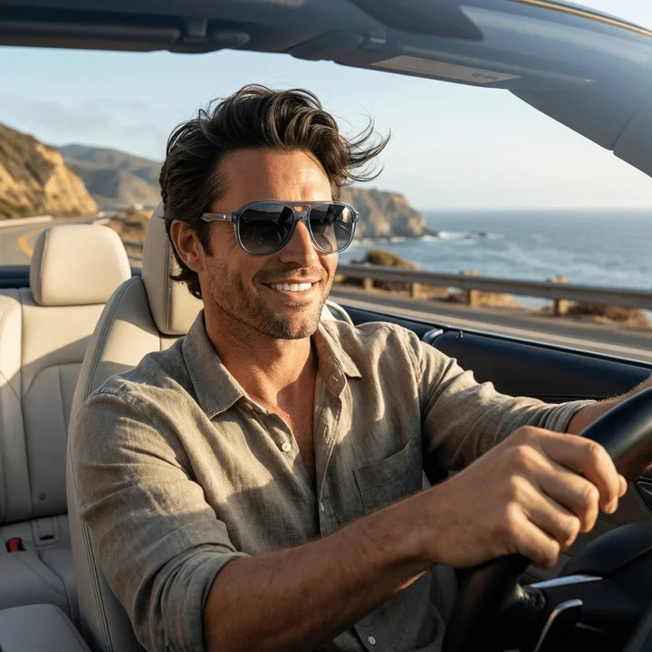 Men wearing lenses sun orson bio-acetate polarized blue estilo urbano ciudad moderna look casual bonoboss #editorial_banner #color_azul