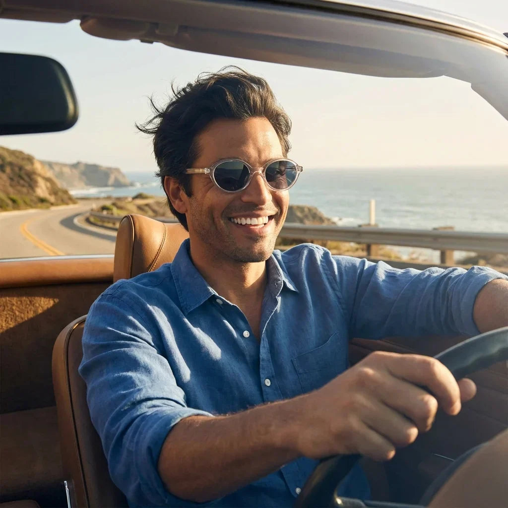 Hombre usando lentes sol Guapi Island bio-acetato polarizados transparente conduciendo proteccion solar UV400 Bonoboss #editorial_detail1 #color_transparente